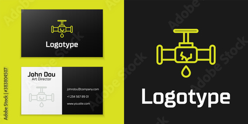 Logotype line Broken metal pipe with leaking water icon isolated on black background. Logo design template element. Vector Illustration.