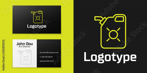Logotype line Canister for motor machine oil icon isolated on black background. Oil gallon. Oil change service and repair. Engine oil sign. Logo design template element. Vector Illustration.