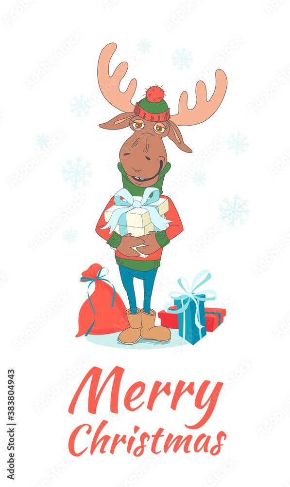 Cute Merry christmas and happy New Year card with deer (elk, moose). Lovely cartoon background with holiday symbols and presents. Hand drawn doodle style Cute Merry christmas and happy New Year card with deer (elk, moose). Lovely cartoon background with holiday symbols and presents. Hand drawn doodle style