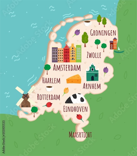 Cartoon map of Netherlands. Travel illustration with holland landmarks, buildings, food and plants. Funny tourist infographics. National symbols. Famous attractions. Vector illustration.