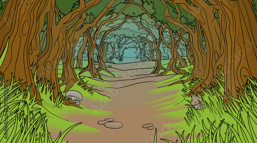 A fairytale fantasy magic woodland forest trees tunnel background landscape scene