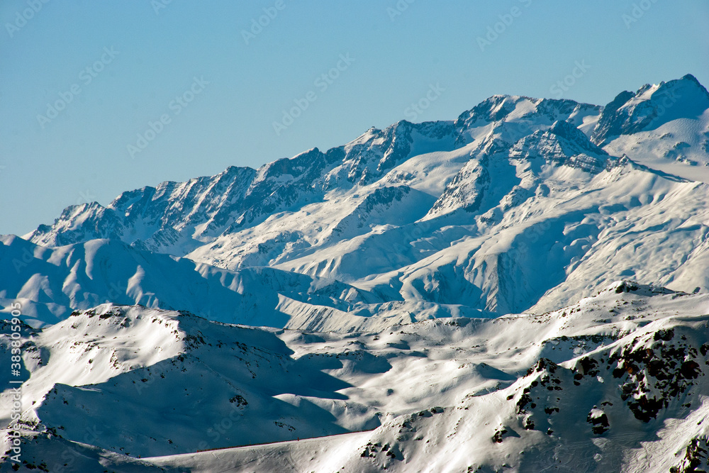 French Alps from Mont Vallon in Meribel Mottaret Les Trois Vallees 3 Valleys ski area France