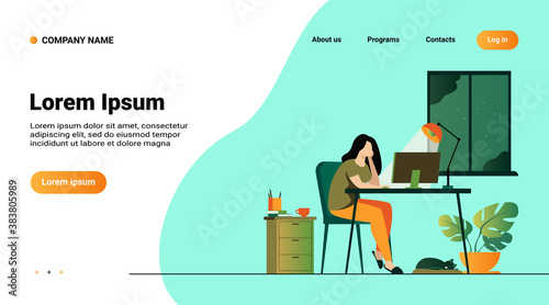 Woman working at night in home office isolated flat vector illustration. Cartoon female student learning via computer or designer late at work. Workplace and sleepless concept