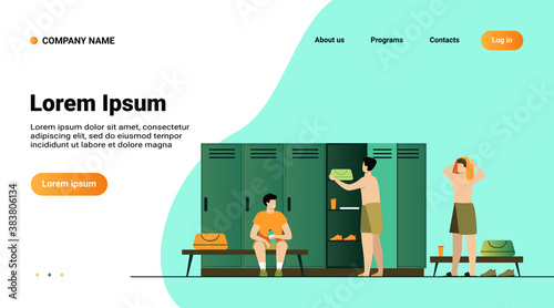 School locker room isolated flat vector illustration. Cartoon football or soccer team changing clothes after training. Sport, lifestyle and fitness concept