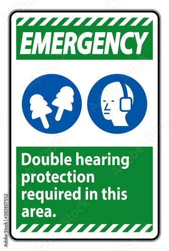 Emergency Sign Double Hearing Protection Required In This Area With Ear Muffs & Ear Plugs