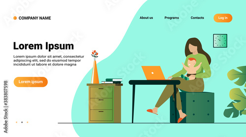 New mom working at home. Working mother holding baby in arms, using computer at her workplace. Can be used for freelance worker with kid, maternity, motherhood, online job concept
