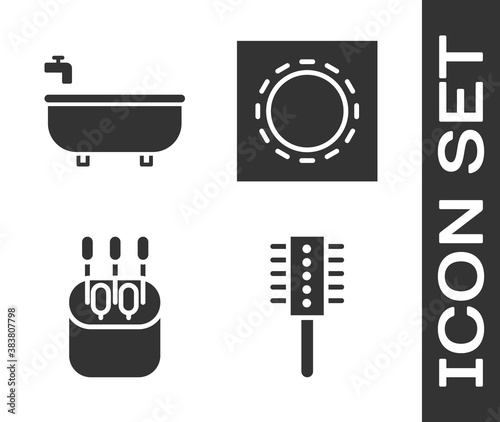 Set Hairbrush, Bathtub, Cotton swab for ears and Condom in package safe sex icon. Vector.