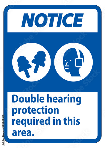 Notice Sign Double Hearing Protection Required In This Area With Ear Muffs & Ear Plugs