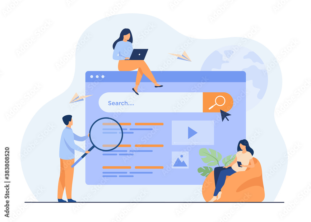 People using search box for query, engine giving result. Vector illustration for SEO work, SERP, online promotion, content marketing concept - obrazy, fototapety, plakaty 