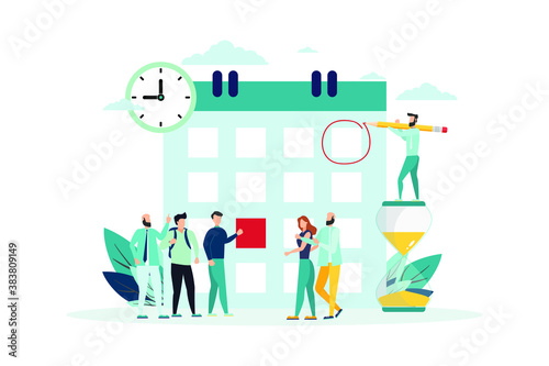 vector illustration. little people characters make an online schedule in the tablet. design business graphics tasks scheduling on a week - Vector - Vector illustration