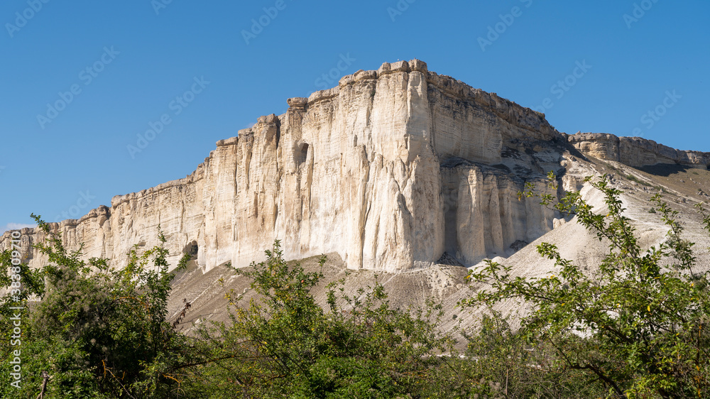 natural white rock of the Crimean mountains with blue sky