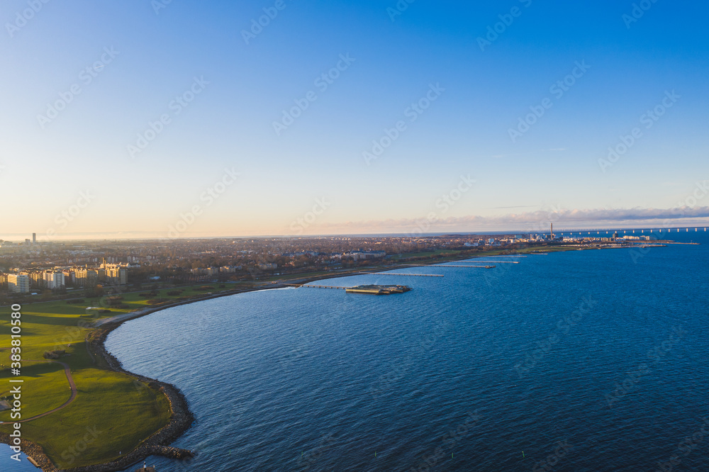 Drone photo of Malmö, Sweden with Öresundsbron (Oresund Bridge) in background Drone photo of Malmö, Sweden with Öresundsbron (Oresund Bridge) in background