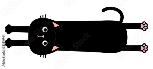 Black cat. Long body with paw print, tail. Funny face head silhouette. Meow. Cute cartoon baby character. Kawaii animal. Pet collection. Flat design style. White background. Isolated.