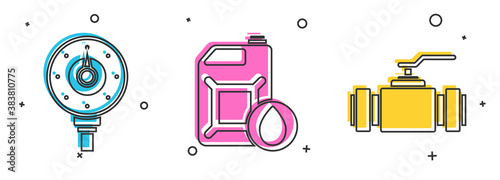 Set Motor gas gauge, Canister for motor machine oil and Industry metallic pipes and valve icon. Vector.