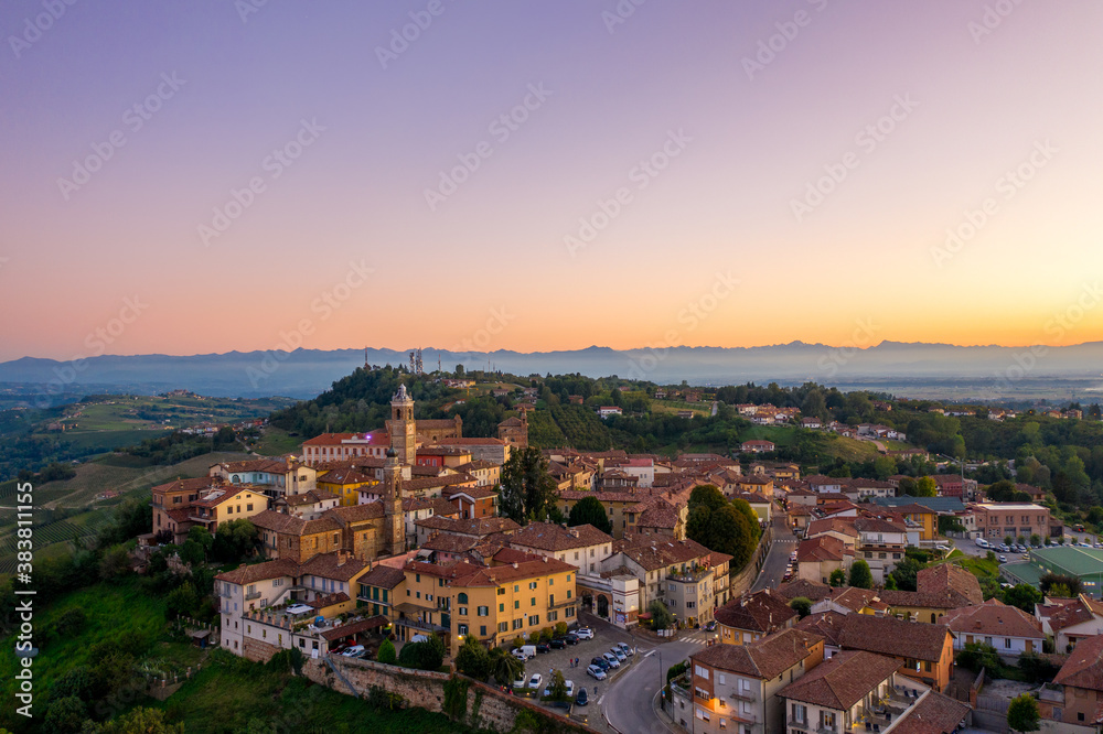 Aerial photo of La Morra village in PIedmont, Italy