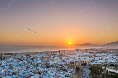 Drone photograph at sunset in Tarifa, Spain with bird in foreground