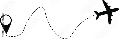 Airplane line path vector icon of air plane flight route with start point and dash line trace