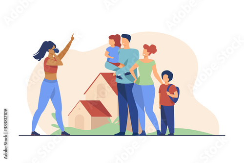 Woman taking photo of happy family. Kid, house, parent flat vector illustration. Happiness and togetherness concept for banner, website design or landing web page