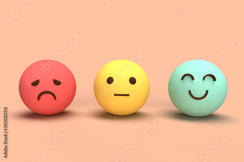 Illustration 3d d'un concept sur visage sourire heureux vert, évaluation des commentaires et avis clients positifs, expérience, enquête de satisfaction, évaluation de la santé mentale. rendu 3D