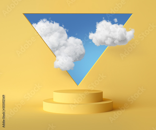 Fototapeta Naklejka Na Ścianę i Meble -  3d render, abstract background with blue sky inside the triangular hole on the yellow wall. White clouds fly into the room through the window above the empty pedestal. Blank showcase mockup