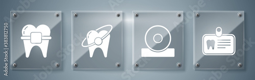 Set Id card with tooth, Otolaryngological head reflector, Tooth whitening concept and Teeth with braces. Square glass panels. Vector.