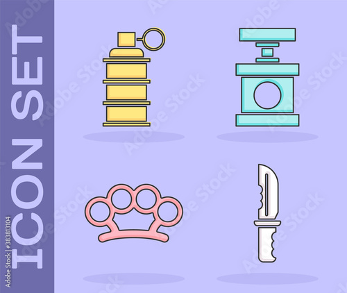 Set Military knife, Hand grenade, Brass knuckles and Handle detonator for dynamite icon. Vector.