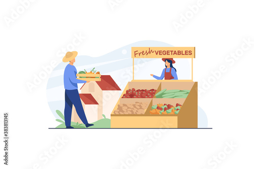 Happy farmers selling fresh vegetables. Fruit, nutrition, meal flat vector illustration. Agriculture and healthy food concept for banner, website design or landing web page