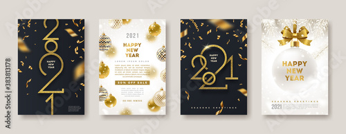 Set of greeting card with golden 2021 New Year logo. New year glitter gold sign, Vector illustration. Holiday design for greeting card, invitation, cover, calendar, etc.
