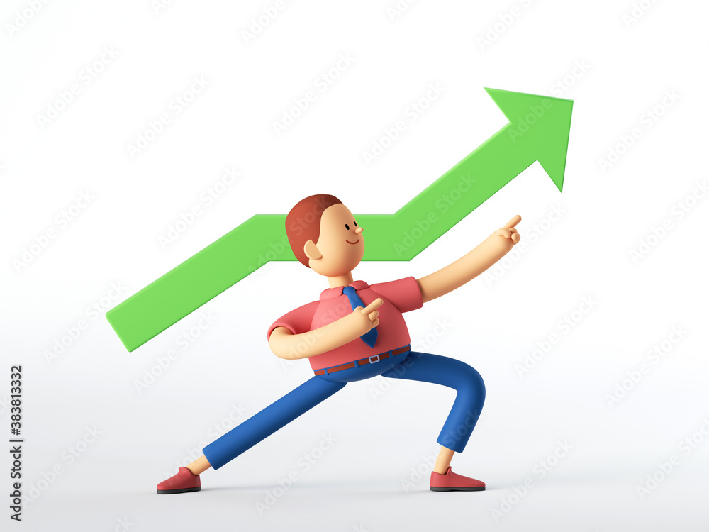 increase graph 3d model cartoon style render... 3d render. Man cartoon character with growing chart, green arrow goes ...