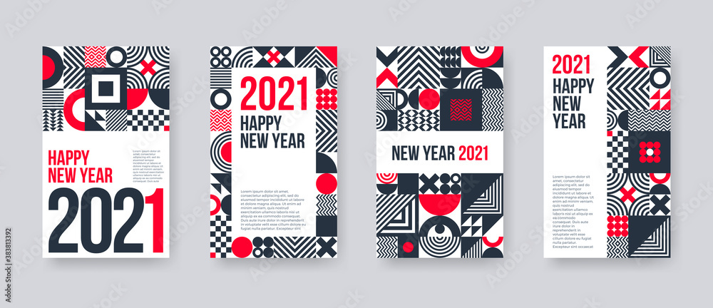 2021 new year greeting card set. Poster set with geometric shapes and pattern. Monochrome design with red elements. Design for greeting card, poster, cover, invitation, Vector illustration. 2021 new year greeting card set. Poster set with geometric shapes and pattern. Monochrome design with red elements. Design for greeting card, poster, cover, invitation, Vector illustration.