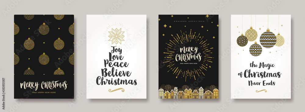 Fototapeta premium Set of Christmas and New Year greeting card. Background with Christmas decor. Vector illustration. Holiday design for greeting card, invitation, cover, calendar, etc.