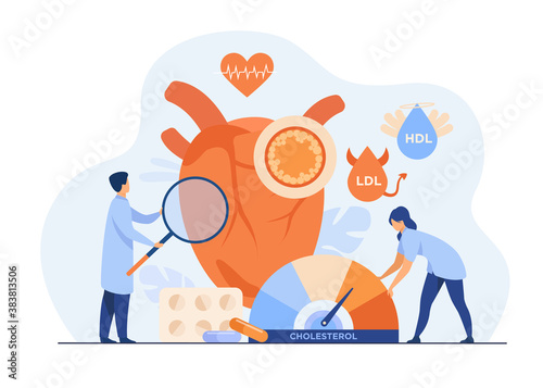 Heart disease risk concept. Medical examination of heart with high cholesterol, blood pressure and cardiovascular system problems. Flat vector illustration for medicine, health care, treatment concept