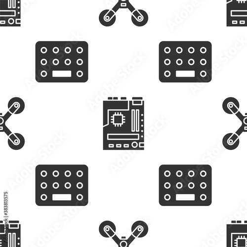Set Drone flying, Motherboard and Pills in blister pack on seamless pattern. Vector.