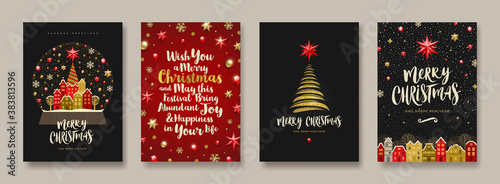 Set of Christmas and New Year greeting card.  Background with Christmas tree and decor. Vector illustration. Holiday design for greeting card, invitation, cover, calendar, etc.