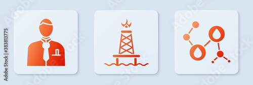 Set Oil rig with fire, Businessman or stock market trader and Molecule oil. White square button. Vector.