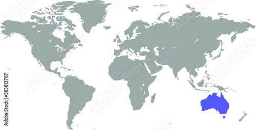 Australia continent blue marked in grey silhouette of World map. Simple flat vector illustration.