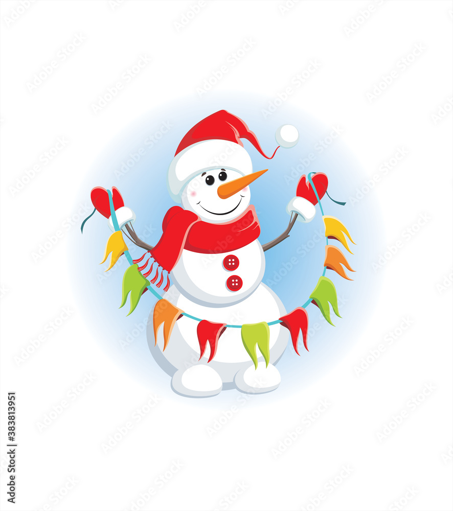 Happy smiling snowman holding a festive garland. Holidays greeting card.