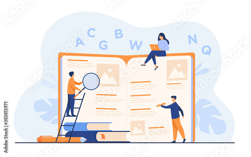 Students learning foreign language with vocabulary. Tiny people reading grammar book. Flat vector illustration for abc book, literature class, knowledge concept