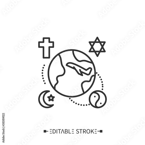 Religious tourism line icon. Faith tourism. Travelling to holy, sacred places or cities. Pilgrimage. Tourism types concept. Isolated vector illustration. Editable stroke 