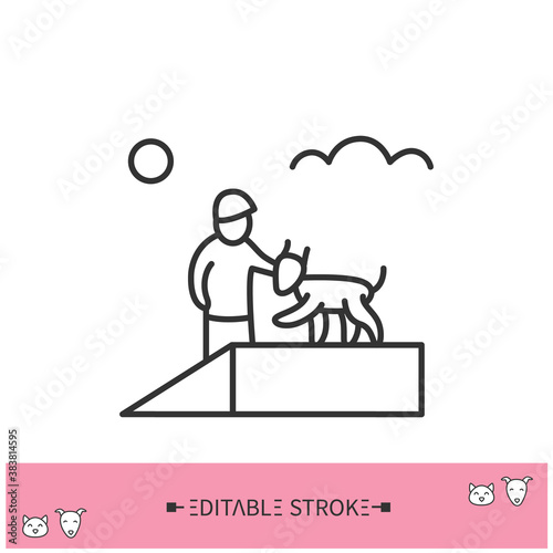 Dog training line icon. Man trained a dog in a training area. Dog trainer. Pet education. Pets club. Home pets life and pet owners community concept. Isolated vector illustration. Editable stroke 
