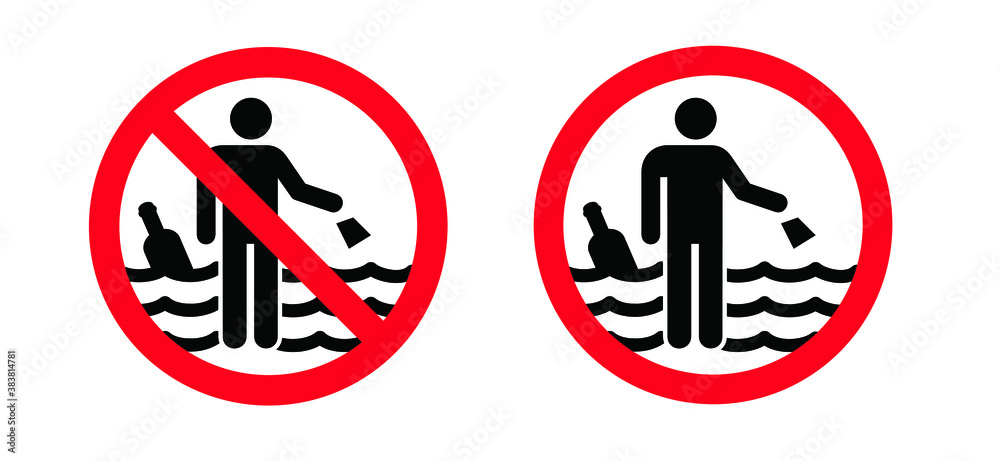 Stop, it is forbidden to throw garbage, bottle the water, sea. Flat vector refuse, waste sign. Save the water day. No, plastic water bottles pollution in ocean Environment concept. Put it in the trash Stop, it is forbidden to throw garbage, bottle the water, sea. Flat vector refuse, waste sign. Save the water day. No, plastic water bottles pollution in ocean Environment concept. Put it in the trash