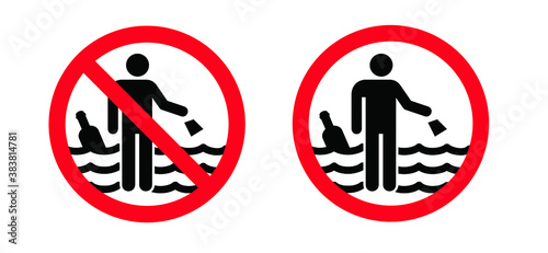 Stop, it is forbidden to throw garbage, bottle the water, sea. Flat vector refuse, waste sign. Save the water day. No, plastic water bottles pollution in ocean Environment concept. Put it in the trash