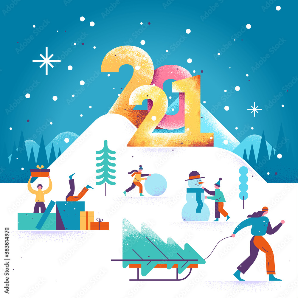 Happy New Year and Merry Christmas greeting card 2021 with winter outdoor leisure activities. People walking in the winter park. Kids making a snowman. Vector illustration.
