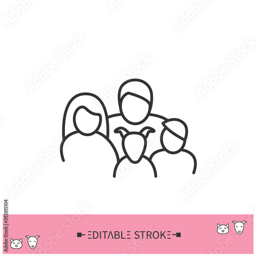 Dog in family line icon. Domestic animal. Animal adoption. Home pets life and pet owners community concept. Isolated vector illustration. Editable stroke 