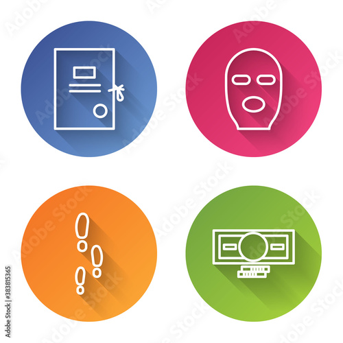 Set line Lawsuit paper, Thief mask, Footsteps and Stacks paper money cash. Color circle button. Vector.