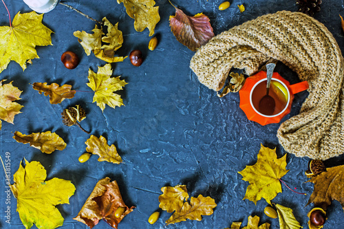 Autumn composition flat lay with a cup of tea, fallen leaves, a knitted scarf on a dark background, top view, copy space