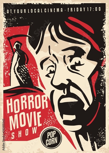 Grim reaper horror movie poster design. Cinema ad with frightened man portrait and death holding the scythe. Vector image.