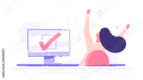 Happy woman completed task and triumphing with raised hands on the her workplace.  Successful well done work. Completed task. modern vector illustration.