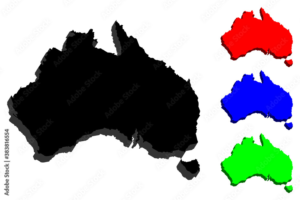 3D map of Australia (Commonwealth of Australia) continent - black, red, blue and green - vector illustration
