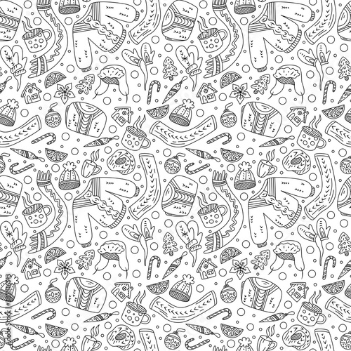 Winter seamless pattern. Sweater, scarf, hat, cookies, Christmas balls, lollipop, cup of tea or coffee, mittens. Doodle